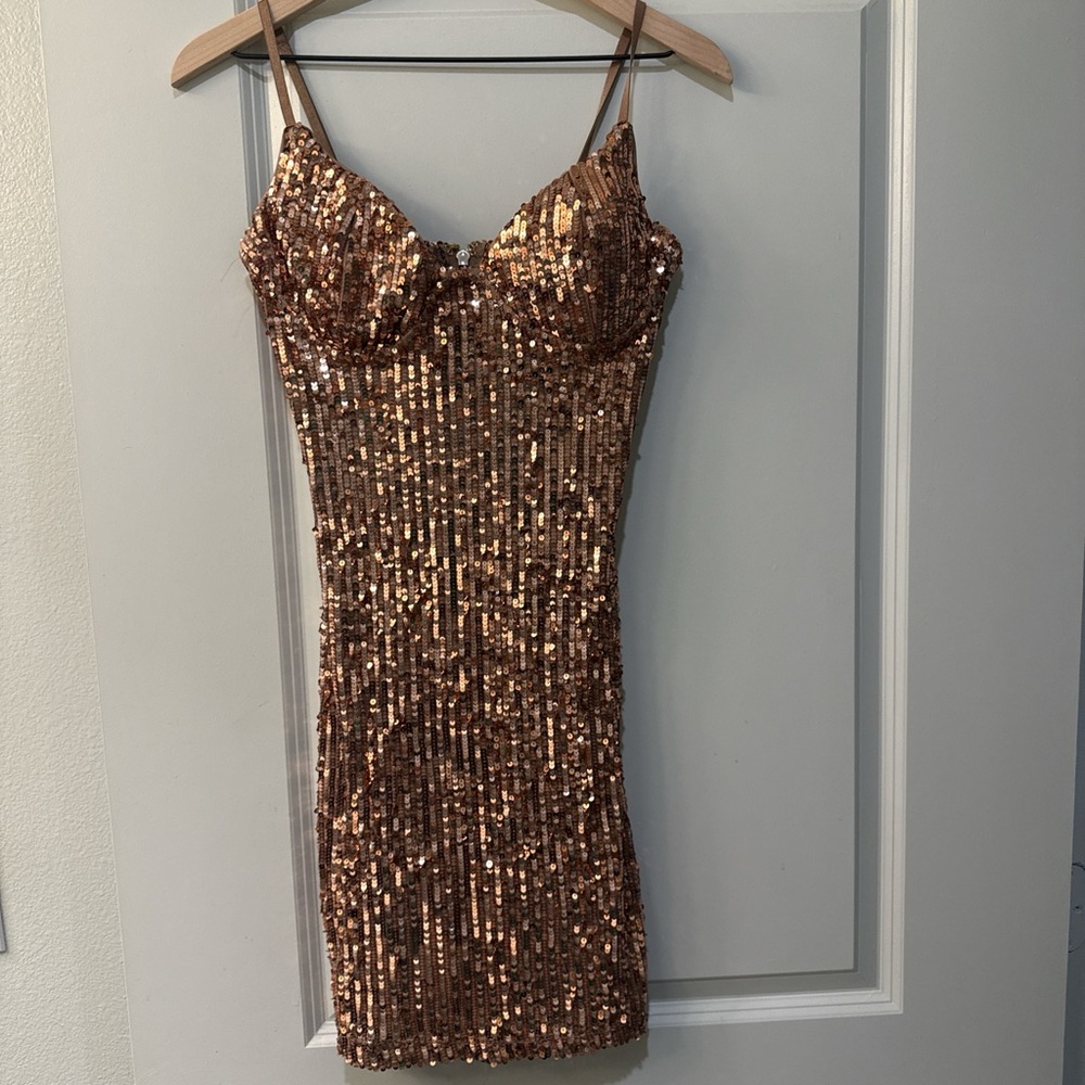 Fashion Nova Copper Sequin Bodycon Mini Dress